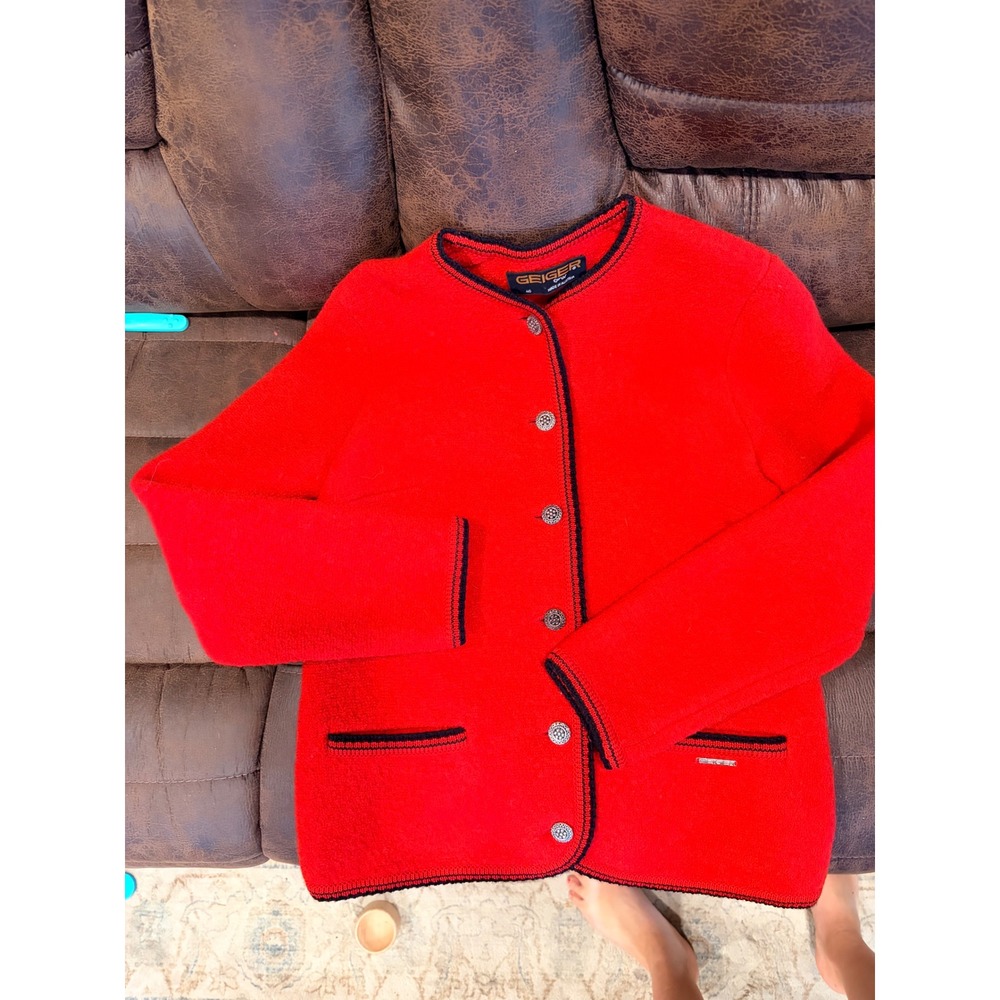 Geiger Collections Red Boiled Wool Cardigan Jacket Austrian Tyrolean Size 40
